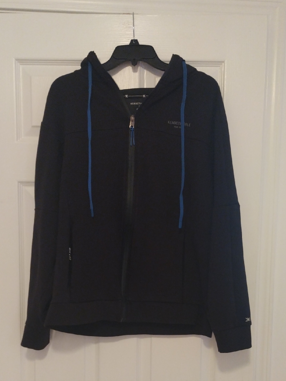 Kenneth Cole NY Active Wear Black Hoodie with Blue Drawstrings And Pockets